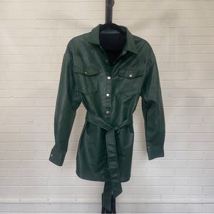 Faux Leather Hunter Green Mid Length Jacket